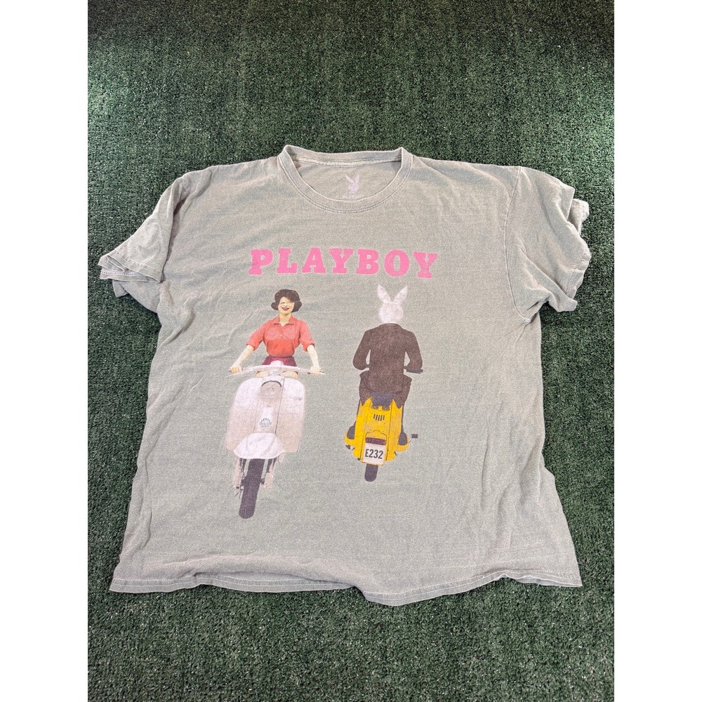 Playboy Men's Gray Scooter Graphic Tee Pink Lettering Size L